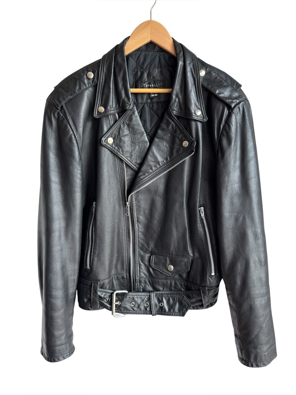 Vtg Black Leather Motorcycle Jacket Mens M Womens L Belted Biker Moto Punk Rock